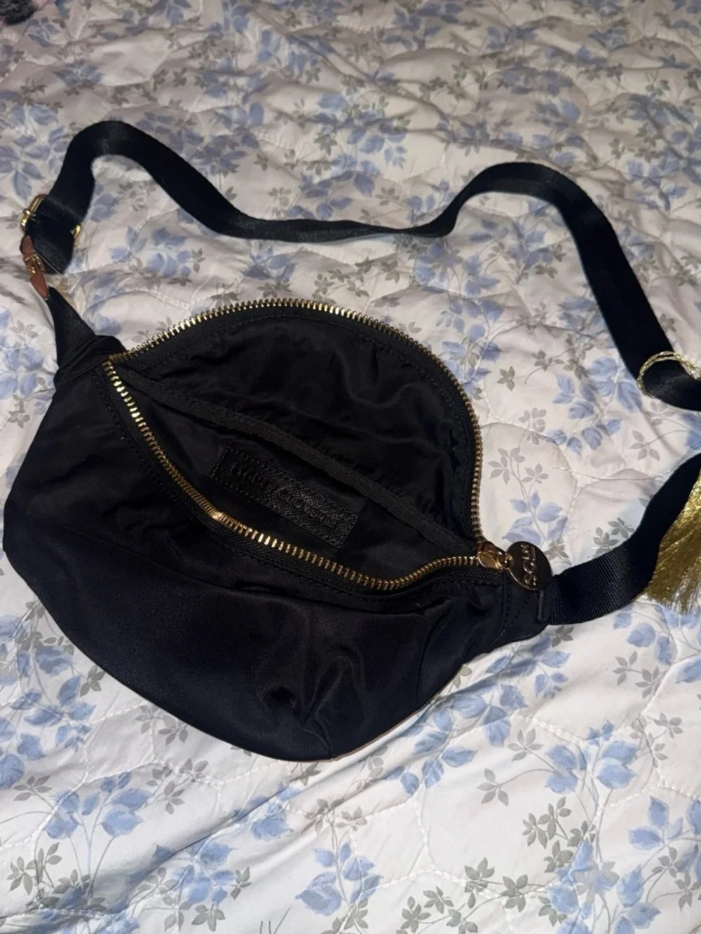 Black Gold-Zip Nylon Crossbody Belt Bag